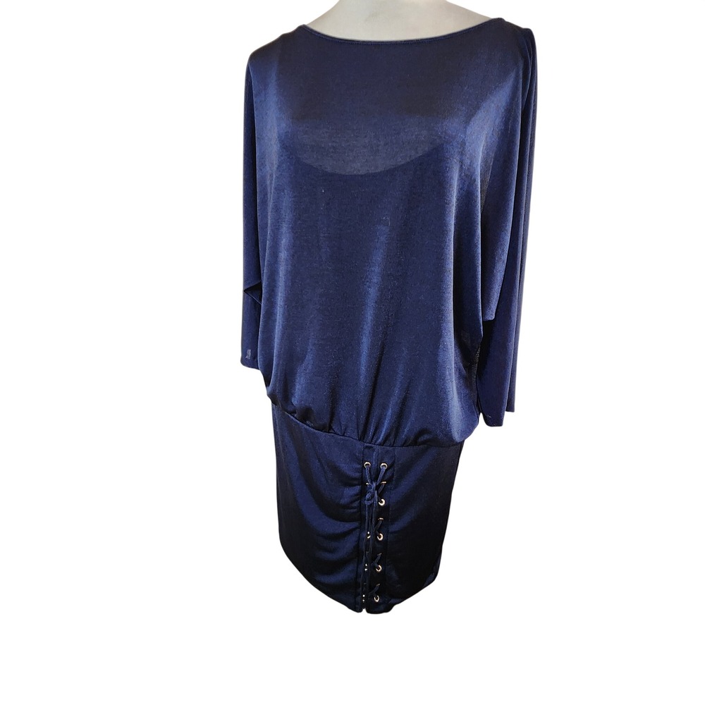 White House Black Market Navy Blue Dolman Lace Up Skirt Split Back Dress Size M